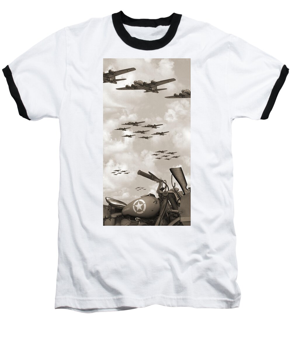 Ww2 Baseball T-Shirt featuring the photograph Indian 841 And The B-17 Panoramic Sepia by Mike McGlothlen
