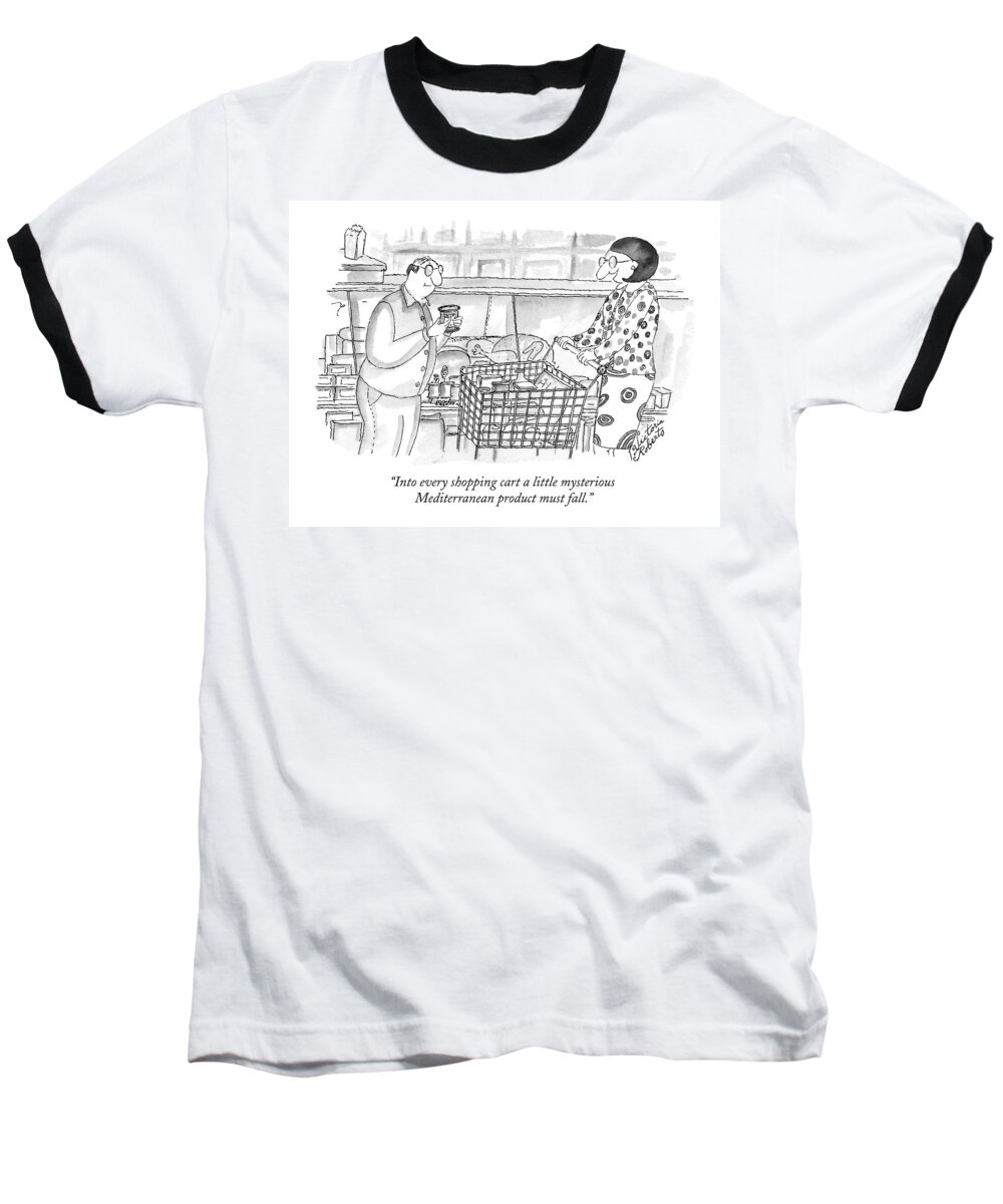Mediterranean Baseball T-Shirt featuring the drawing Into Every Shopping Cart A Little Mysterious by Victoria Roberts