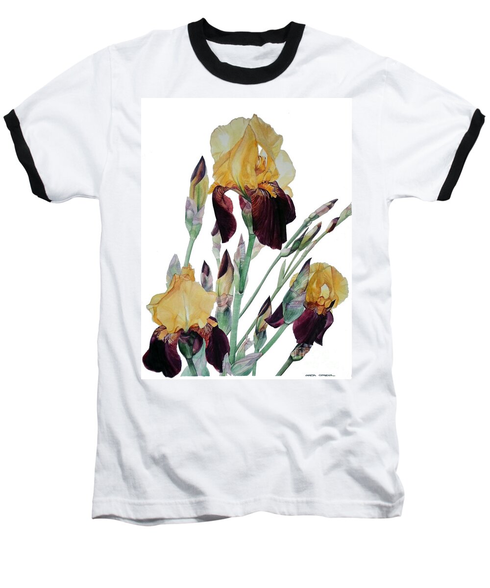 Watercolor Baseball T-Shirt featuring the painting Watercolor of Tall Bearded Iris in Yellow and Maroon I call Iris Beethoven by Greta Corens