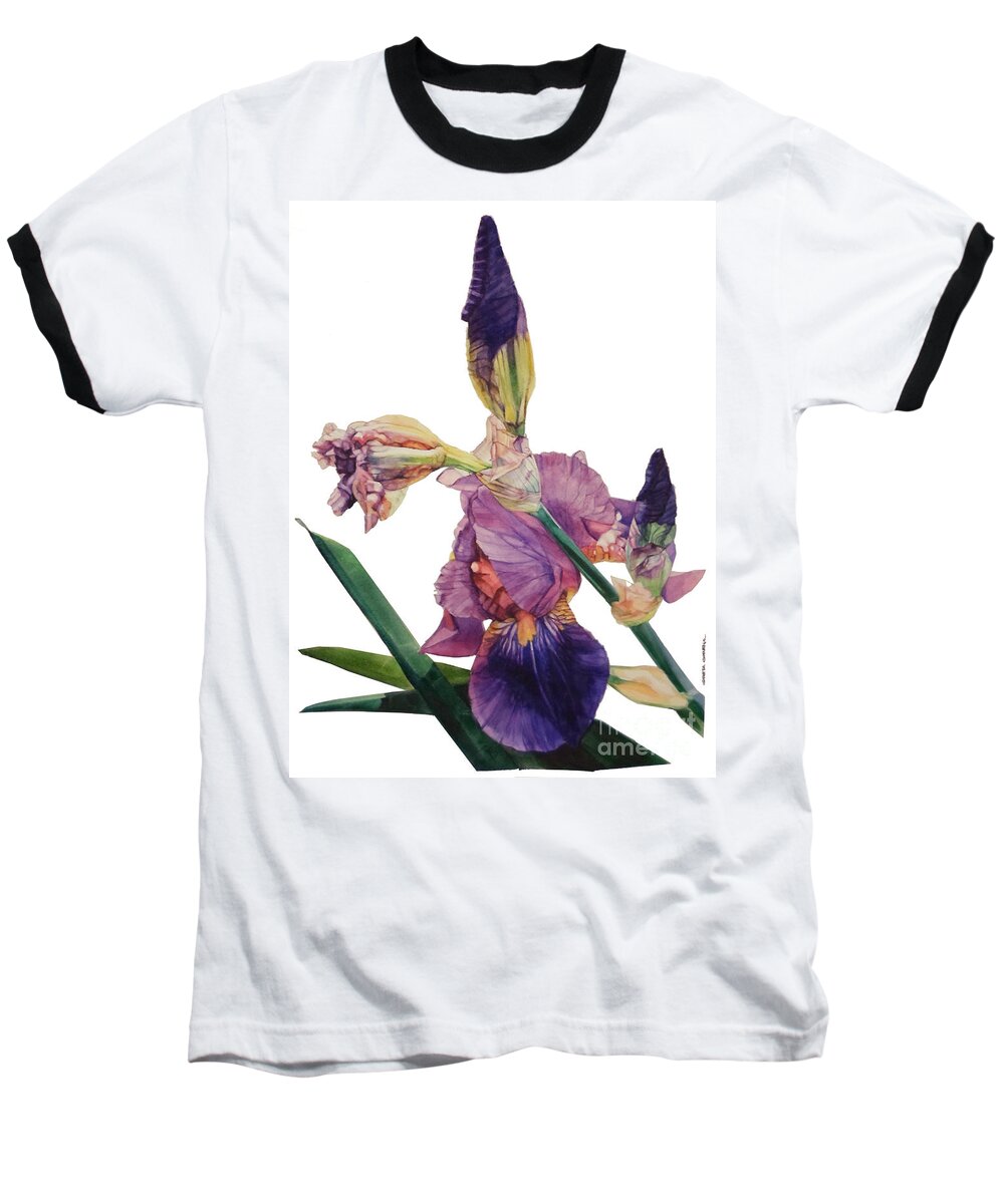 ​​watercolor Baseball T-Shirt featuring the painting Watercolor of a Tall Bearded Iris in a Color Rhapsody by Greta Corens