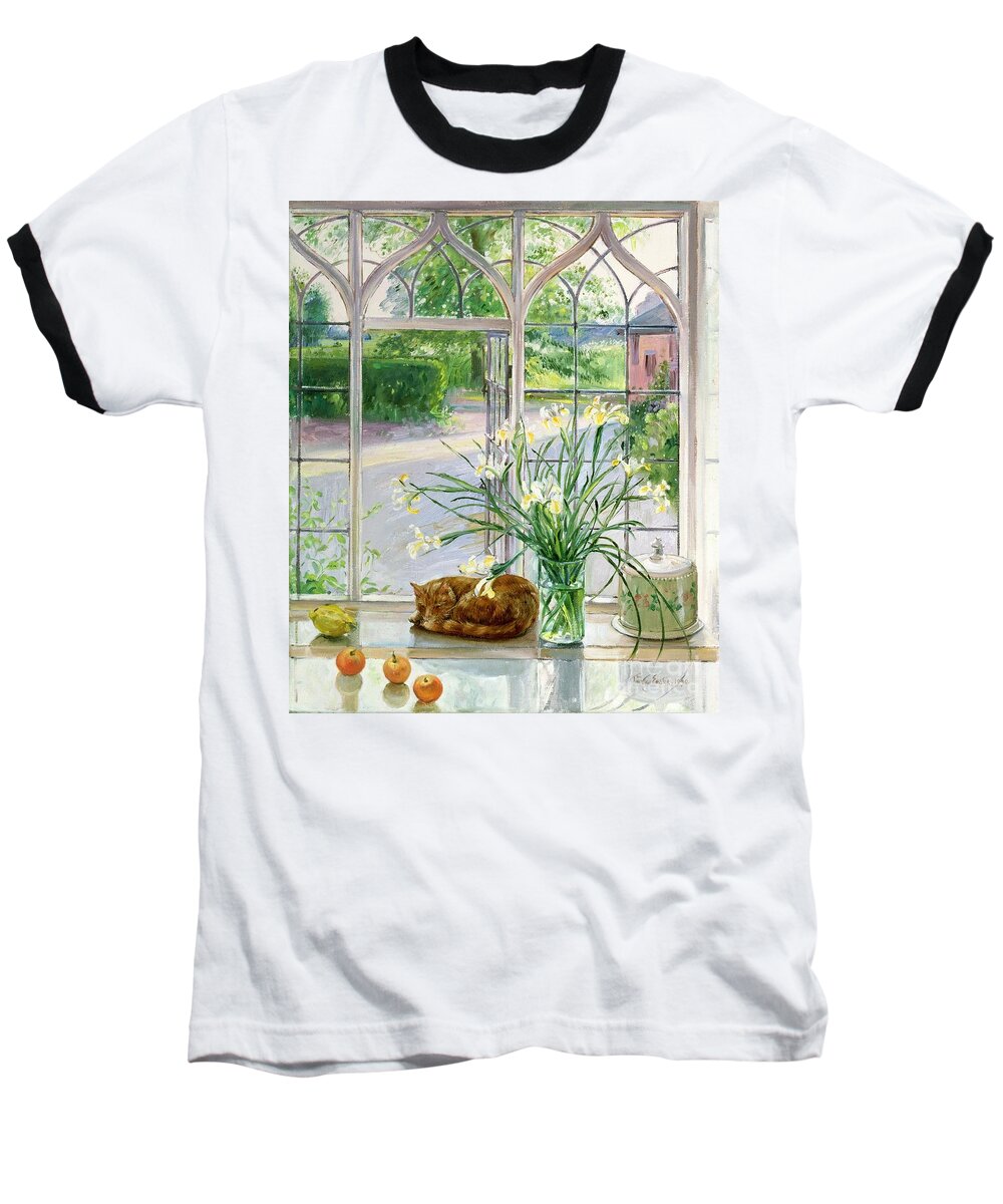 Apple Baseball T-Shirt featuring the painting Irises and Sleeping Cat by Timothy Easton