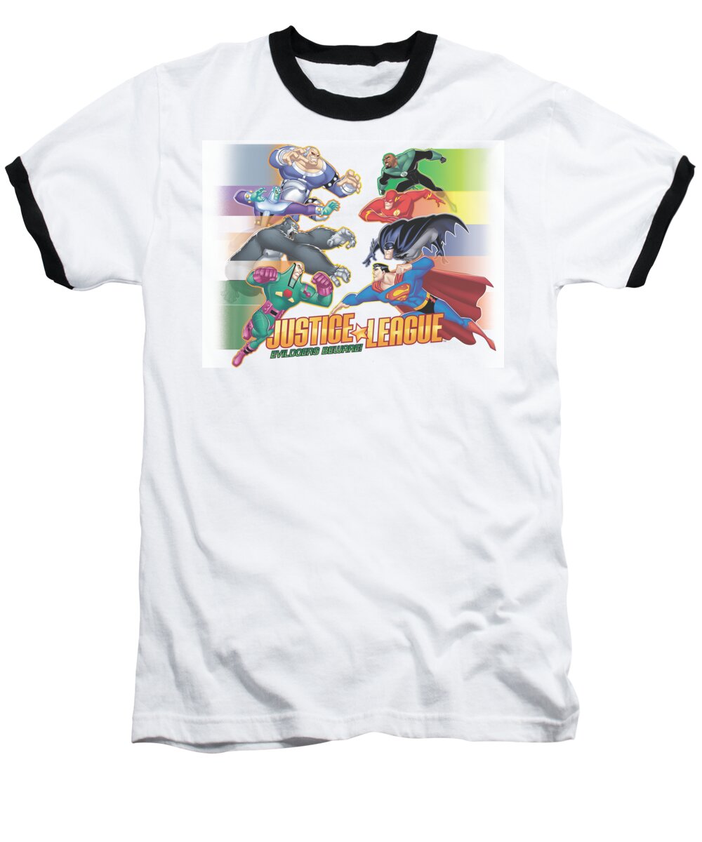 Justice League Of America Baseball T-Shirt featuring the digital art Jla - Evildoers Beware by Brand A