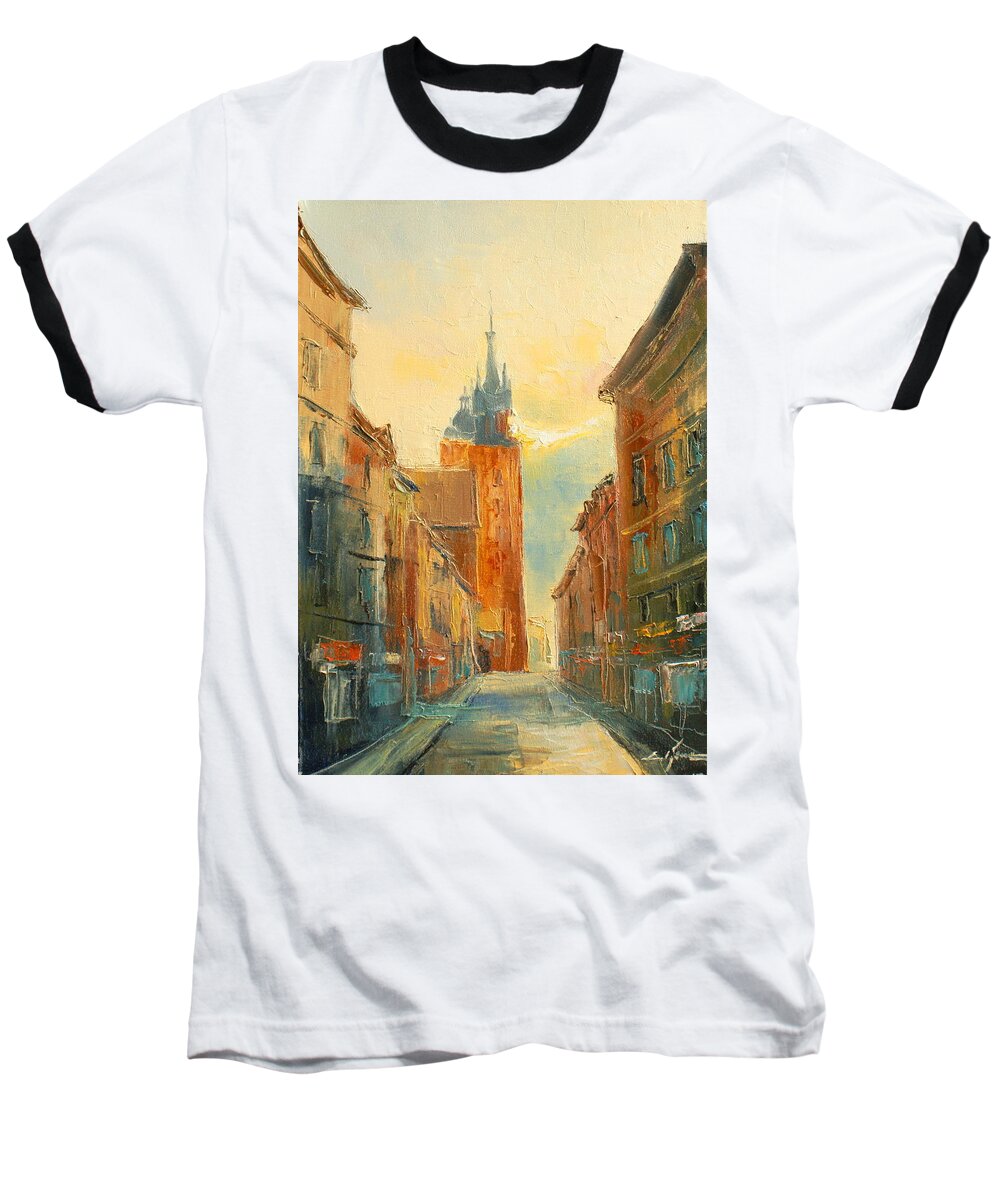 Krakow Baseball T-Shirt featuring the painting Krakow Florianska Street by Luke Karcz