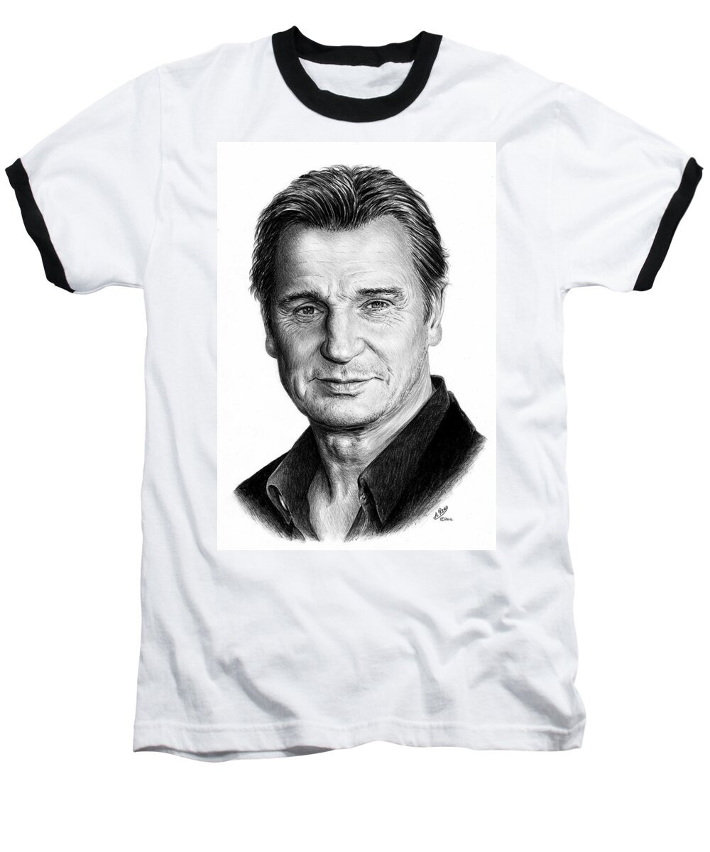 Liam Neeson Baseball T-Shirt featuring the drawing Liam Neeson by Andrew Read