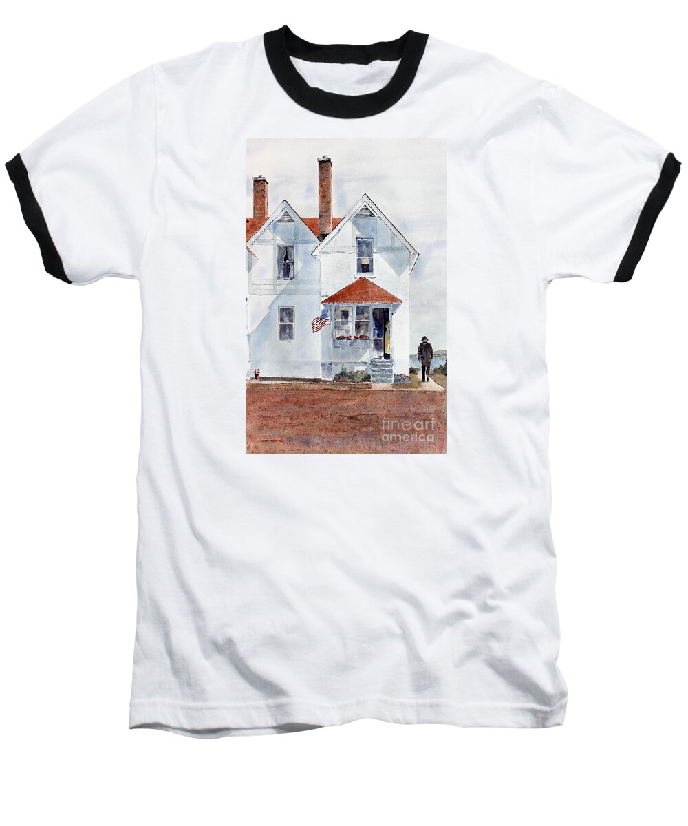 A Flag Waves In The Morning Breeze At A Lighthouse On The Southern Shore Of Lake Superior. Baseball T-Shirt featuring the painting Light Keeper by Monte Toon