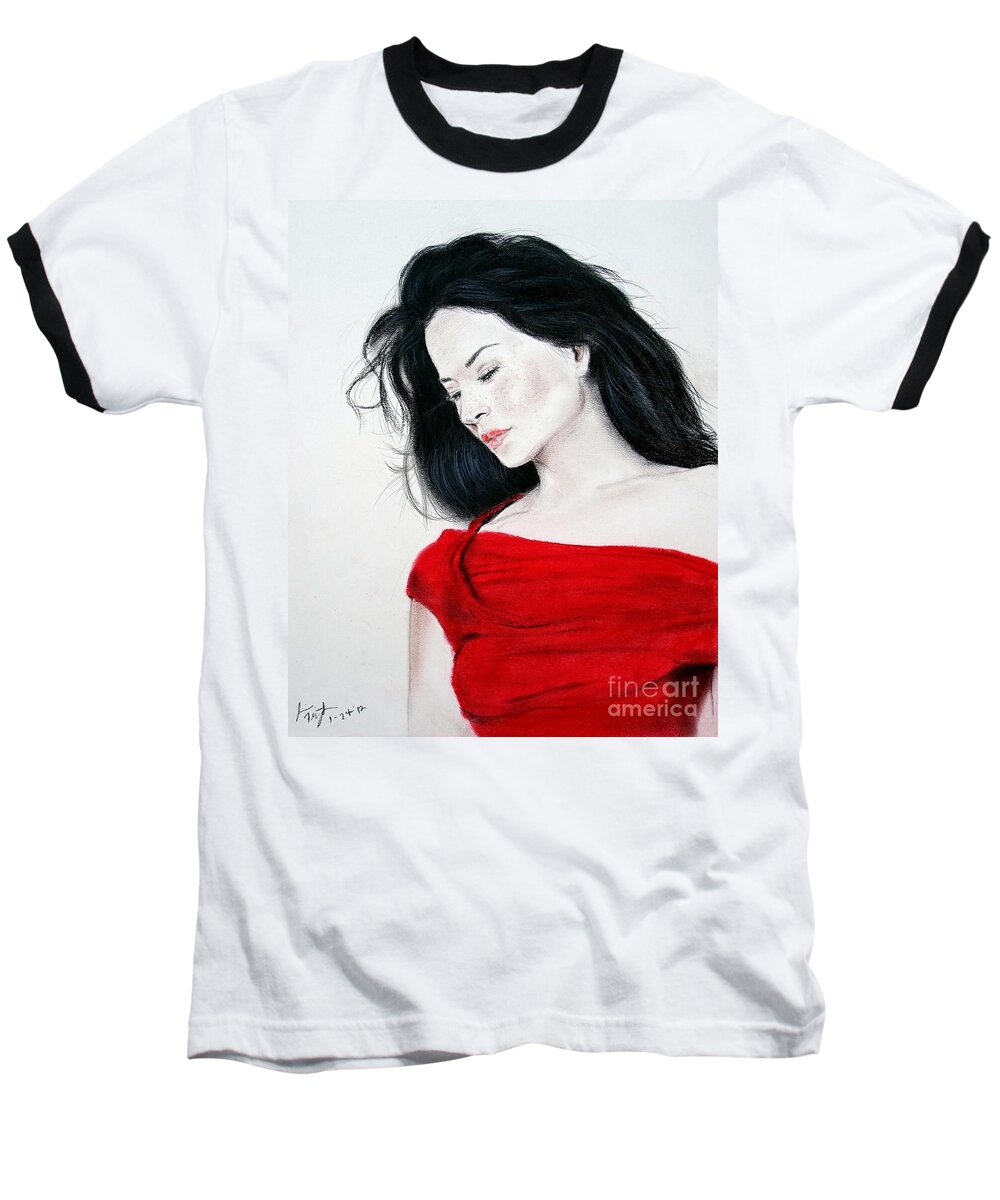 Drawing Baseball T-Shirt featuring the mixed media Lucy Liu the Lady in Red by Jim Fitzpatrick