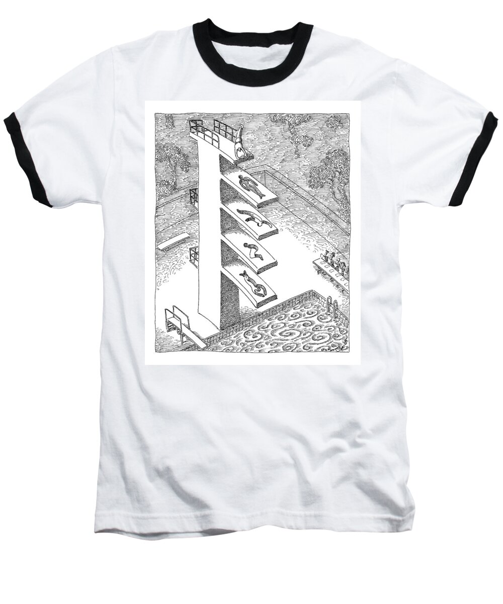 Swimming Baseball T-Shirt featuring the drawing Man Does A Handstand On Top Of A Four Tiered by John O'Brien