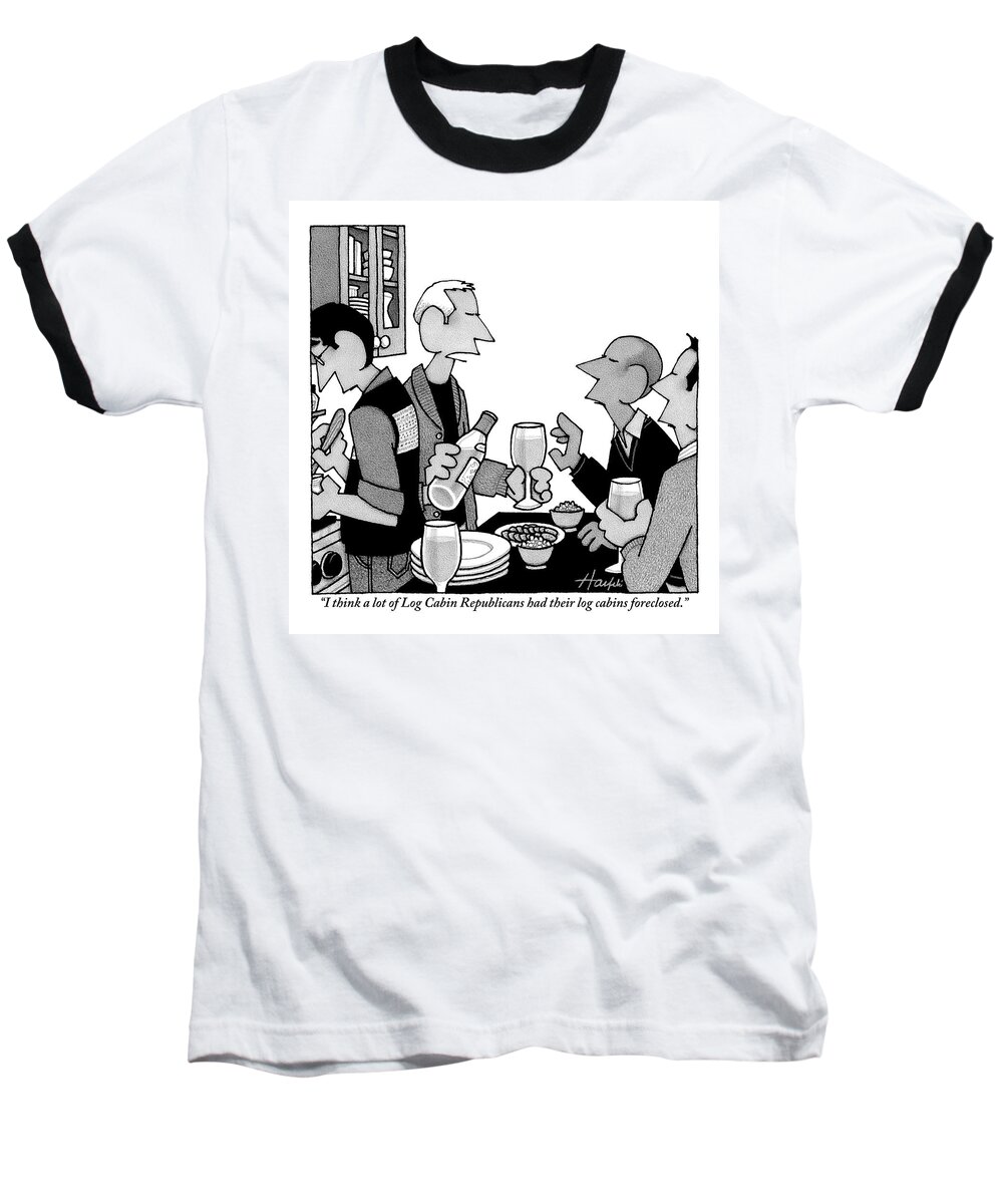 Log Cabin Baseball T-Shirt featuring the drawing Man Speaks To Couple Over Kitchen Counter by William Haefeli