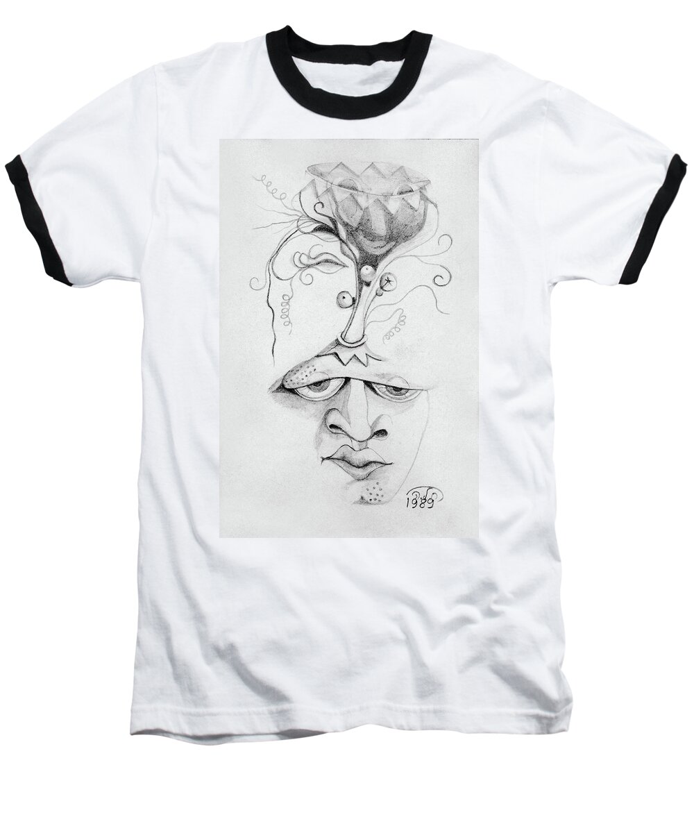Meditation Baseball T-Shirt featuring the drawing Meditation on the crown chakra or where is your mind going surrealistic fantasy of face with energy by Rachel Hershkovitz