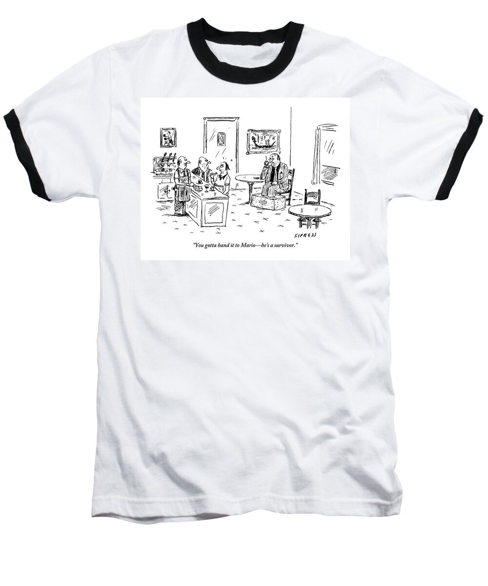 Mobster Baseball T-Shirt featuring the drawing Men In A Restaurant Discuss A Patron Whose Feet by David Sipress