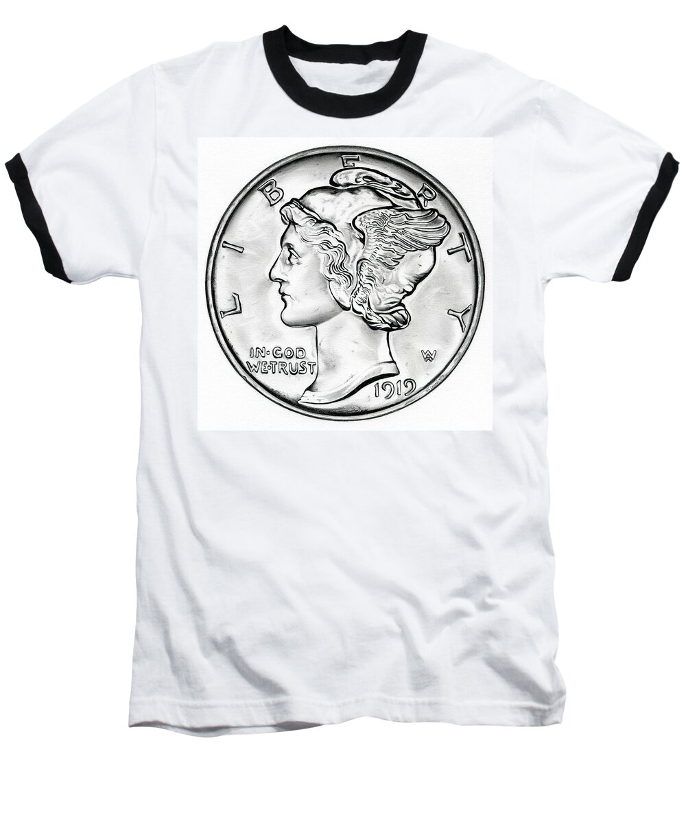 Coin Baseball T-Shirt featuring the drawing Mercury by Fred Larucci