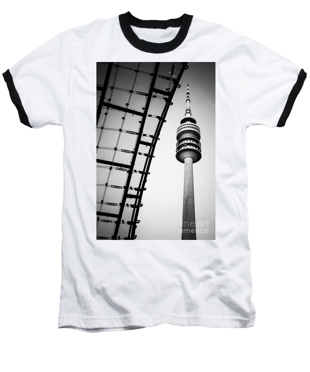 Architecture Baseball T-Shirt featuring the photograph Munich - Olympiaturm And The Roof - Bw by Hannes Cmarits