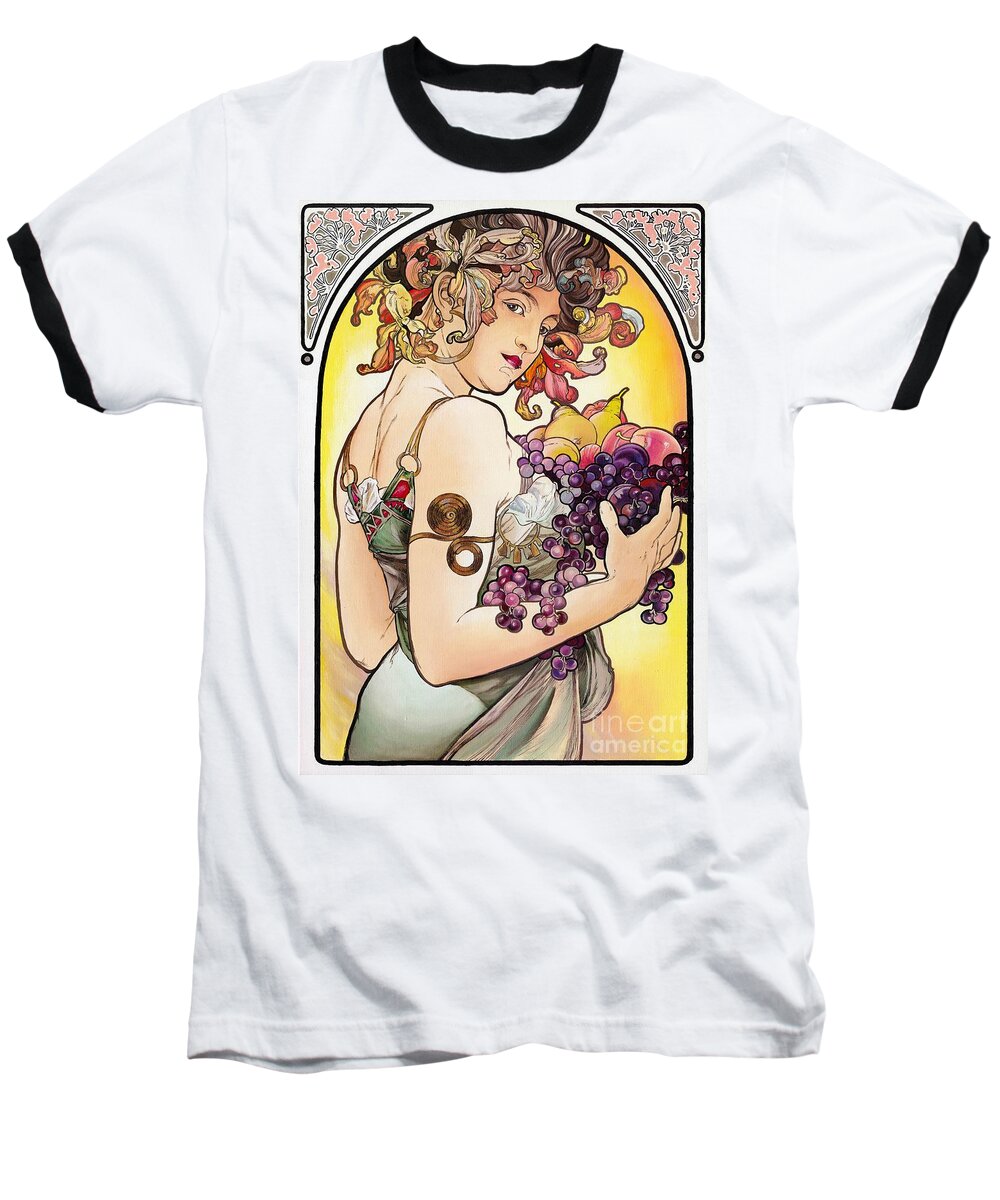 Youth Baseball T-Shirt featuring the painting My Acrylic Painting As An Interpretation Of The Famous Artwork by Alphonse Mucha - Fruit by Elena Daniel Yakubovich