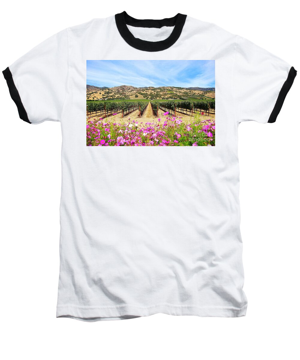 Vineyard Baseball T-Shirt featuring the photograph Napa Valley Vineyard With Cosmos by Catherine Sherman