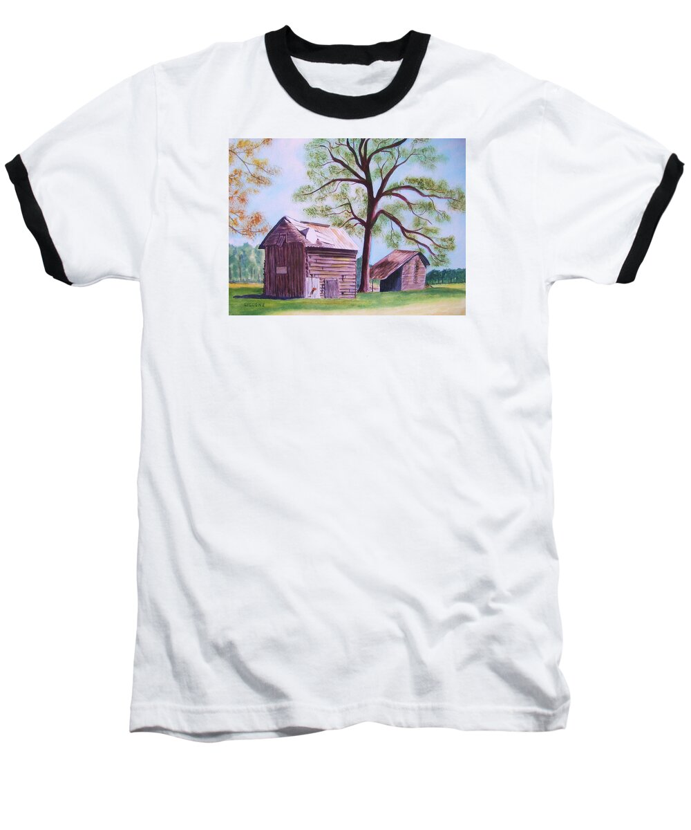 Barn Baseball T-Shirt featuring the painting NC Tobacco Barns by Jill Ciccone Pike