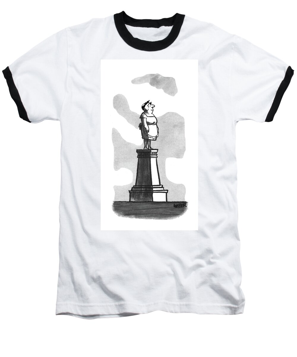 83811 Robert Weber. (mother In Apron Stands On A Pedestal.) Apron Award Day Mom Mother Mother's Mothers Pedestal Ridiculous Sculpture Silly Stands Statue Trophy Wife Woman Baseball T-Shirt featuring the drawing New Yorker April 22nd, 1967 by Robert Weber