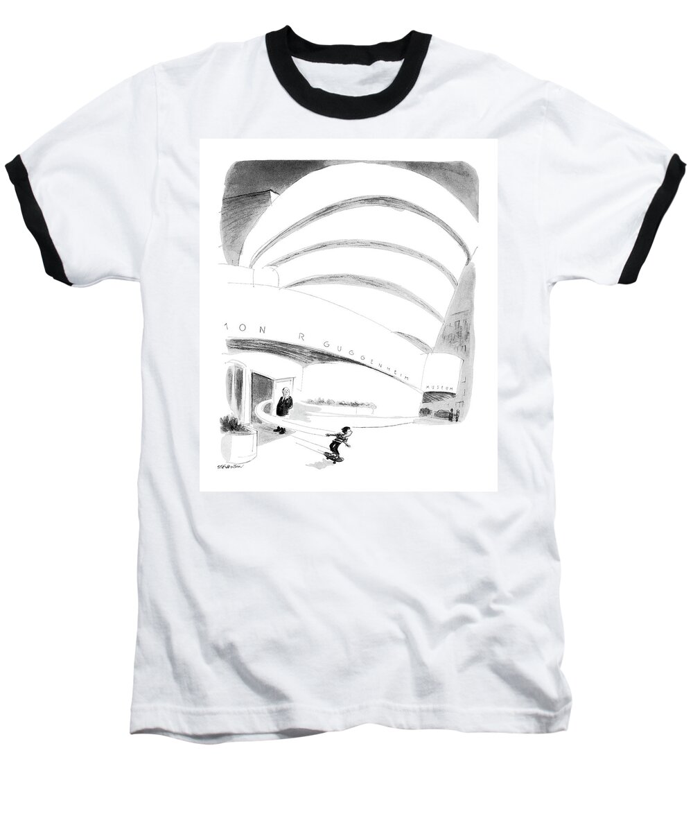(boy Rides Out Of Guggenheim Museum On A Skateboard.) Architecture Baseball T-Shirt featuring the drawing New Yorker August 16th, 1976 by James Stevenson