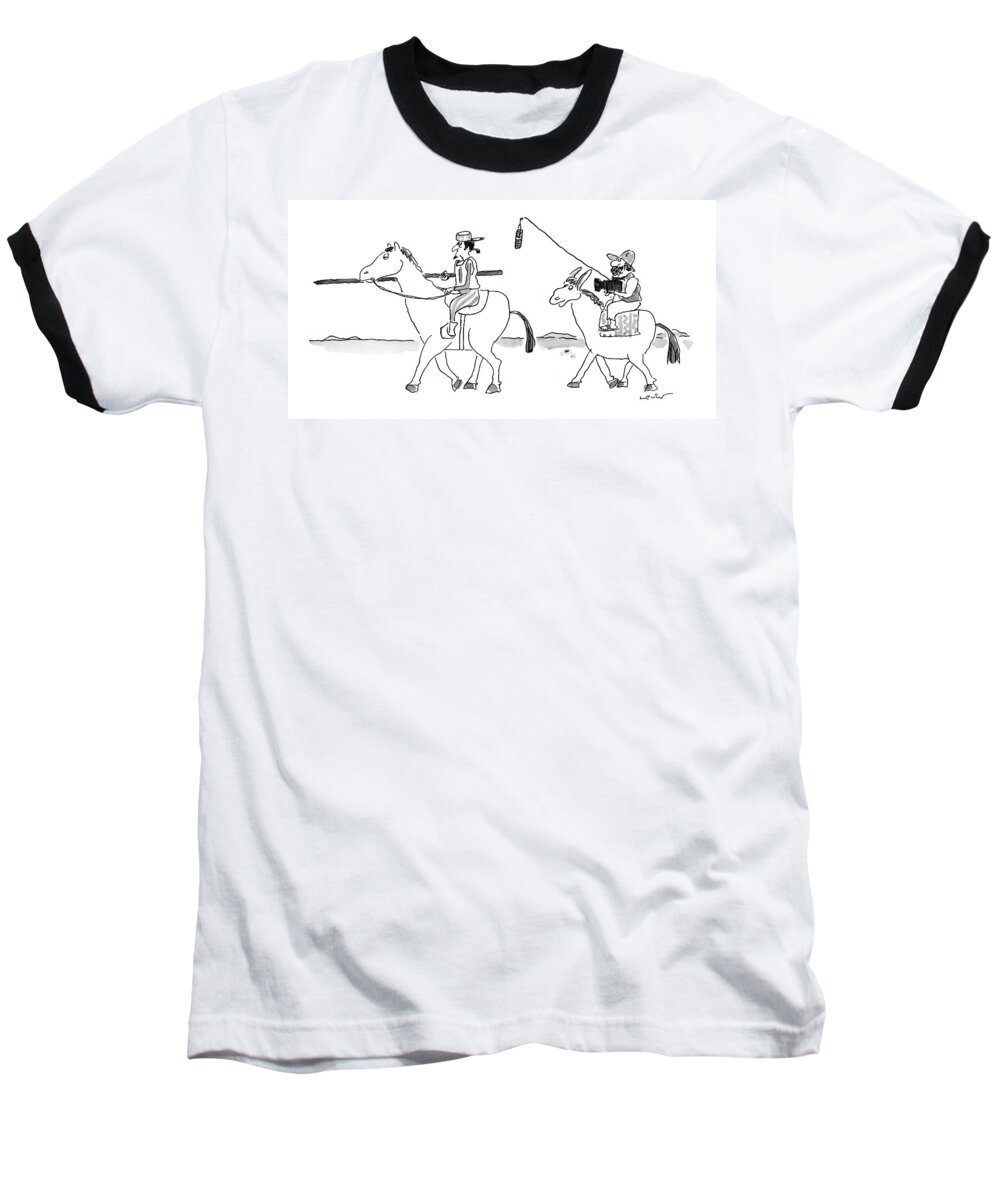 (don Quixote Is Followed By Pancho Holding Camcorder And Microphone Boom.)
Cervantes Baseball T-Shirt featuring the drawing New Yorker August 24th, 1998 by Arnie Levin