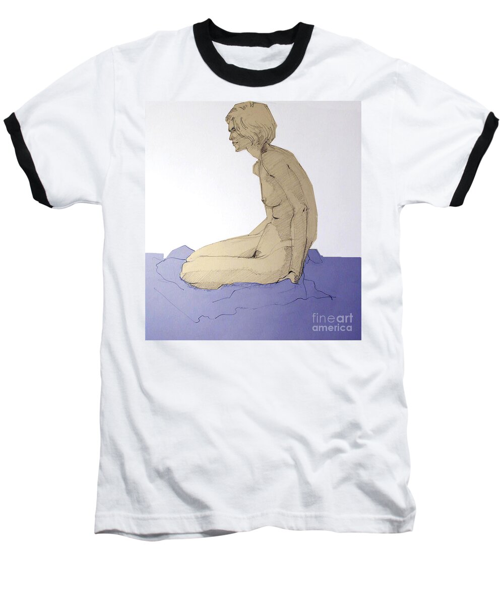 Nude Baseball T-Shirt featuring the drawing Nude figure in blue by Greta Corens
