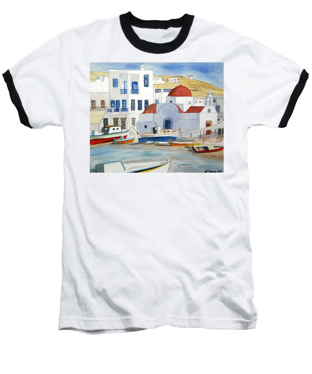 Mykonos Baseball T-Shirt featuring the painting Watercolor - Mykonos Greece Detail by Cascade Colors