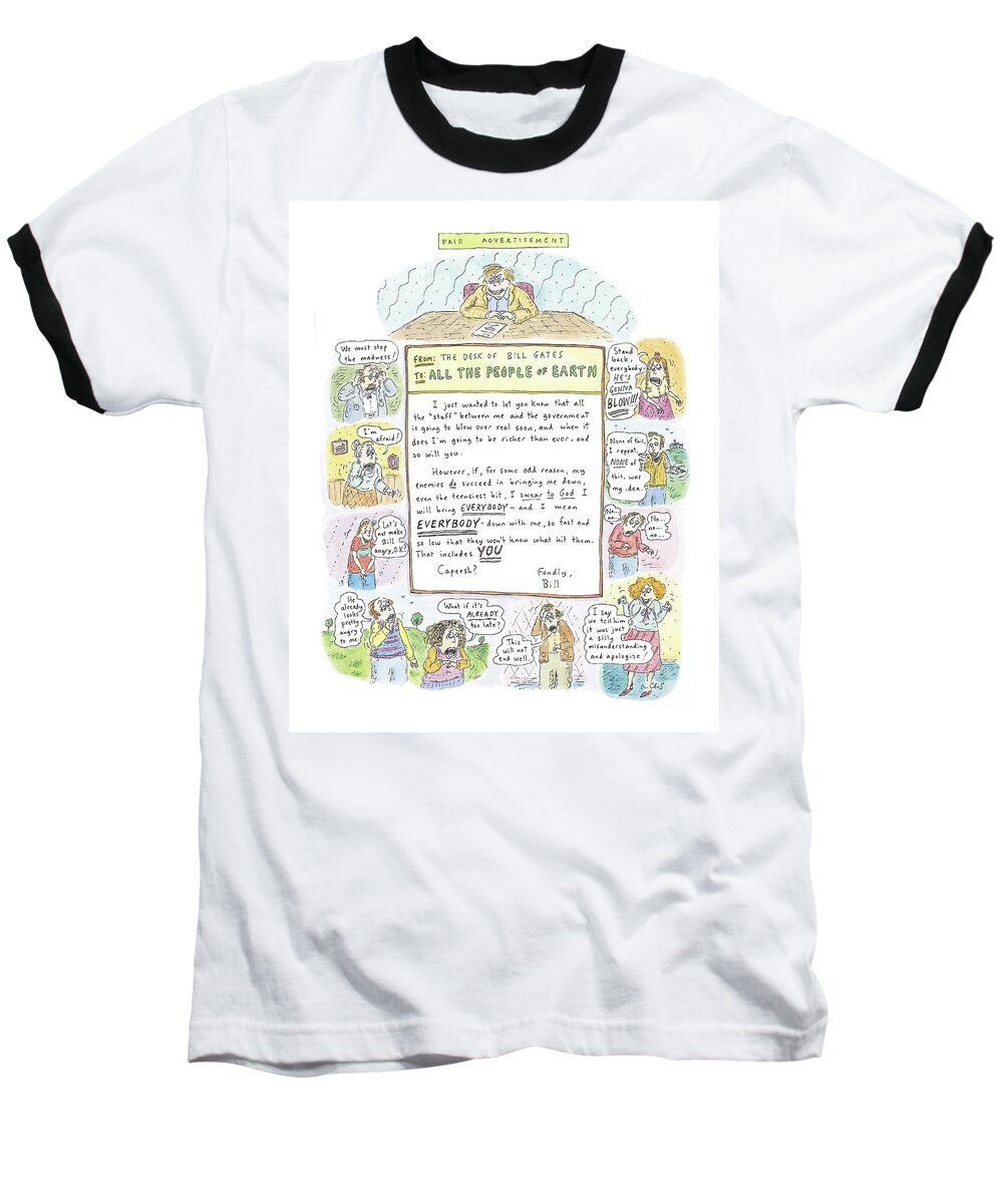 Gates Baseball T-Shirt featuring the drawing 'paid Advertisement' by Roz Chast