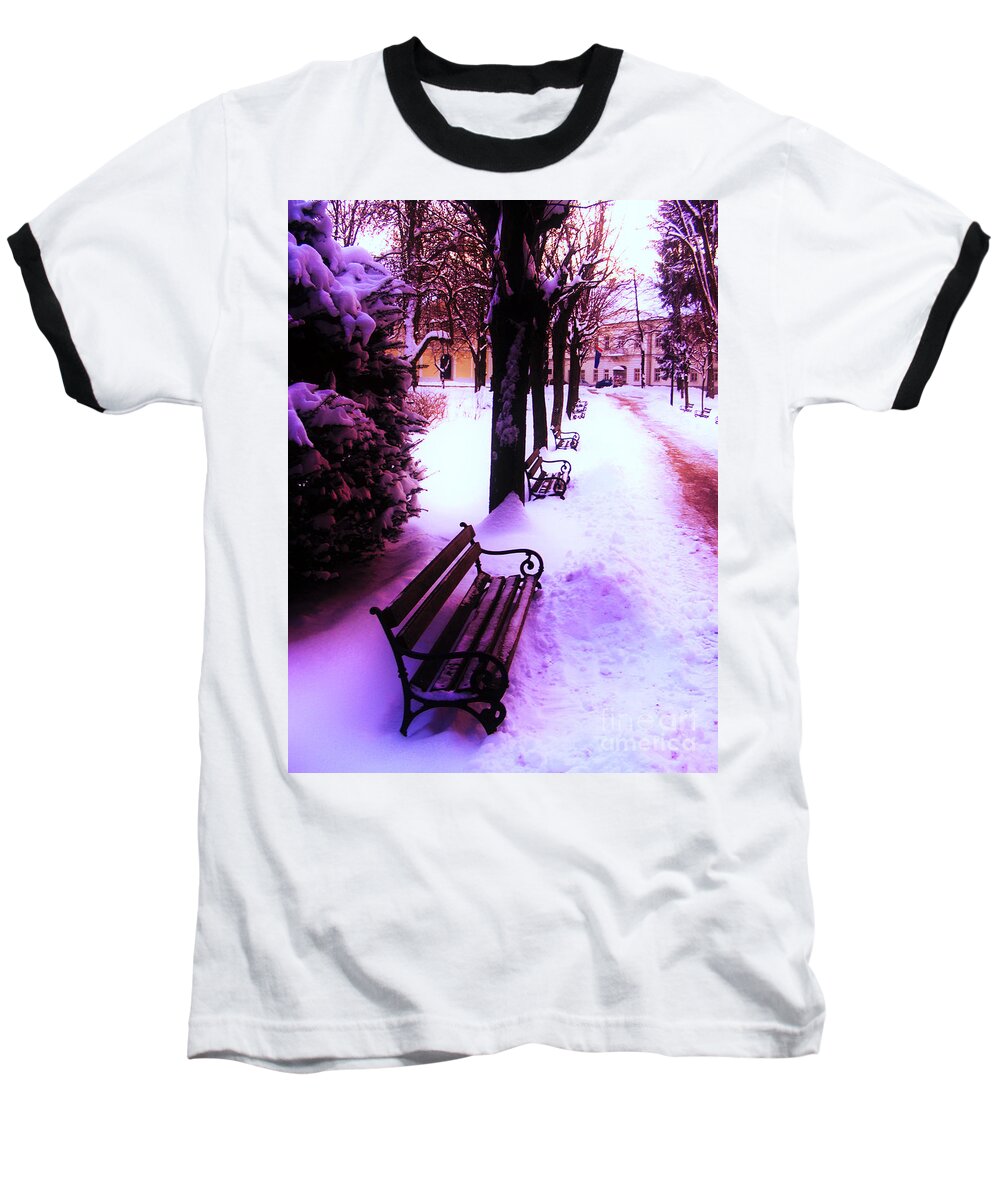 Winter Baseball T-Shirt featuring the photograph Park Benches In Snow by Nina Ficur Feenan