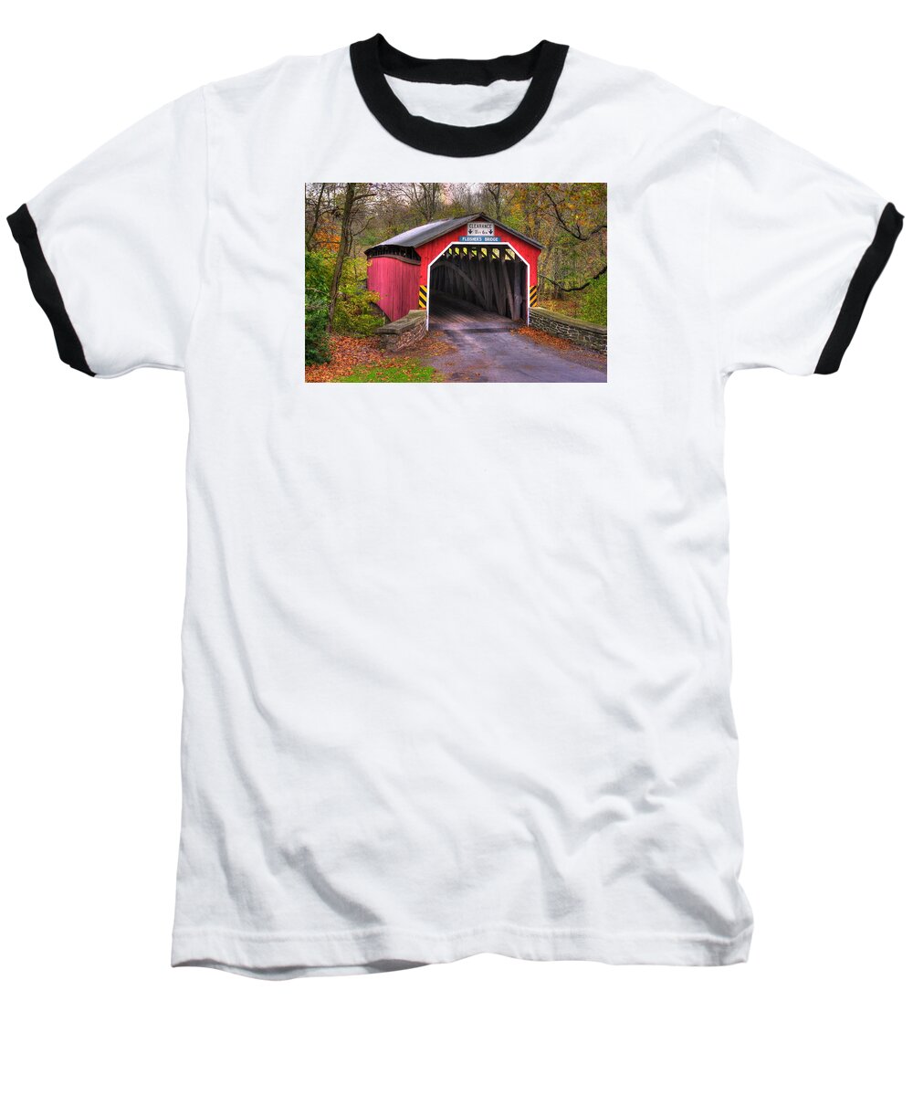 Fleisher Covered Bridge Baseball T-Shirt featuring the photograph Pennsylvania Country Roads - Fleisher Covered Bridge Over Big Buffalo Creek - Perry County Autumn by Michael Mazaika