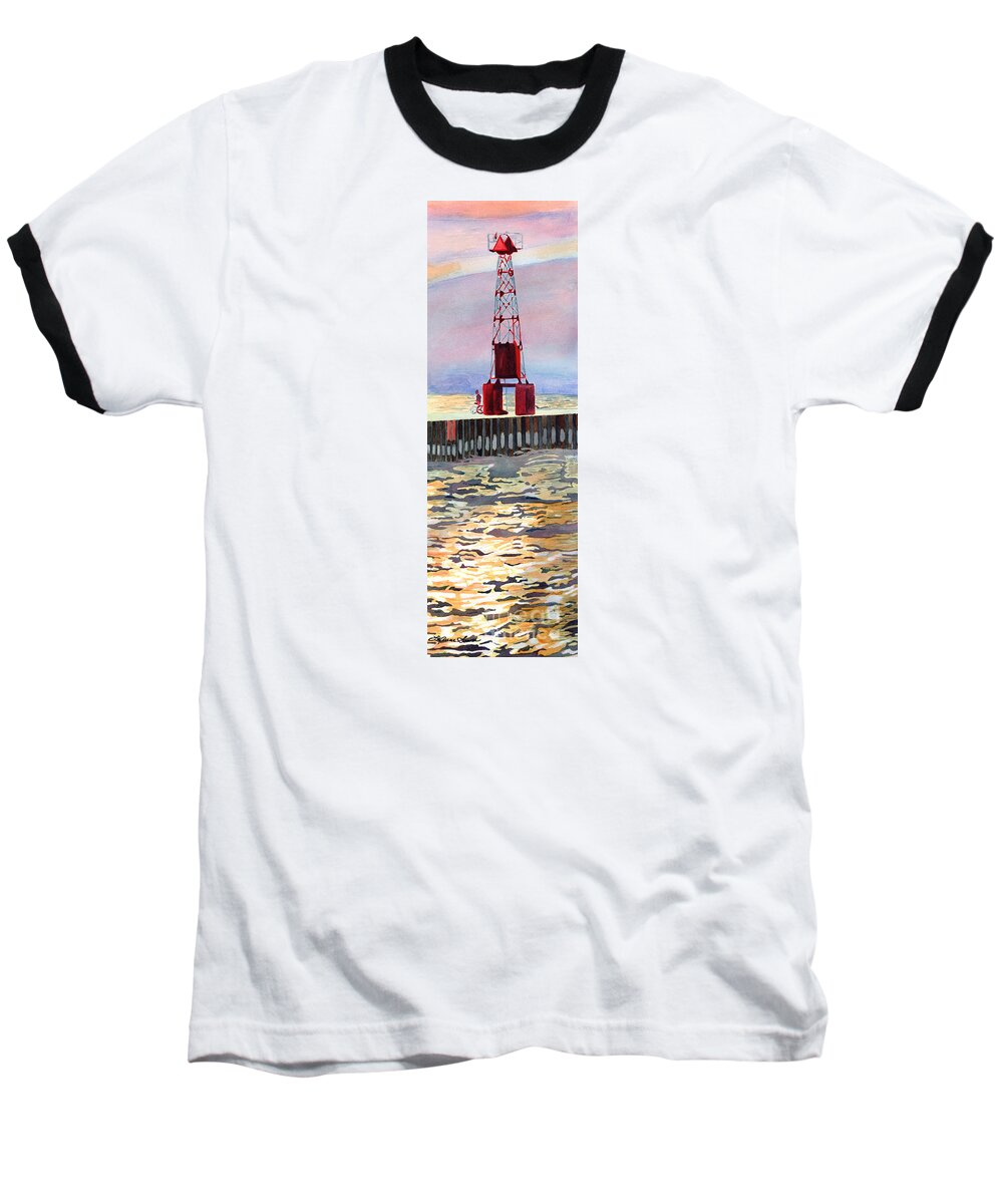 Pentwater Baseball T-Shirt featuring the painting Pentwater South Pier by LeAnne Sowa