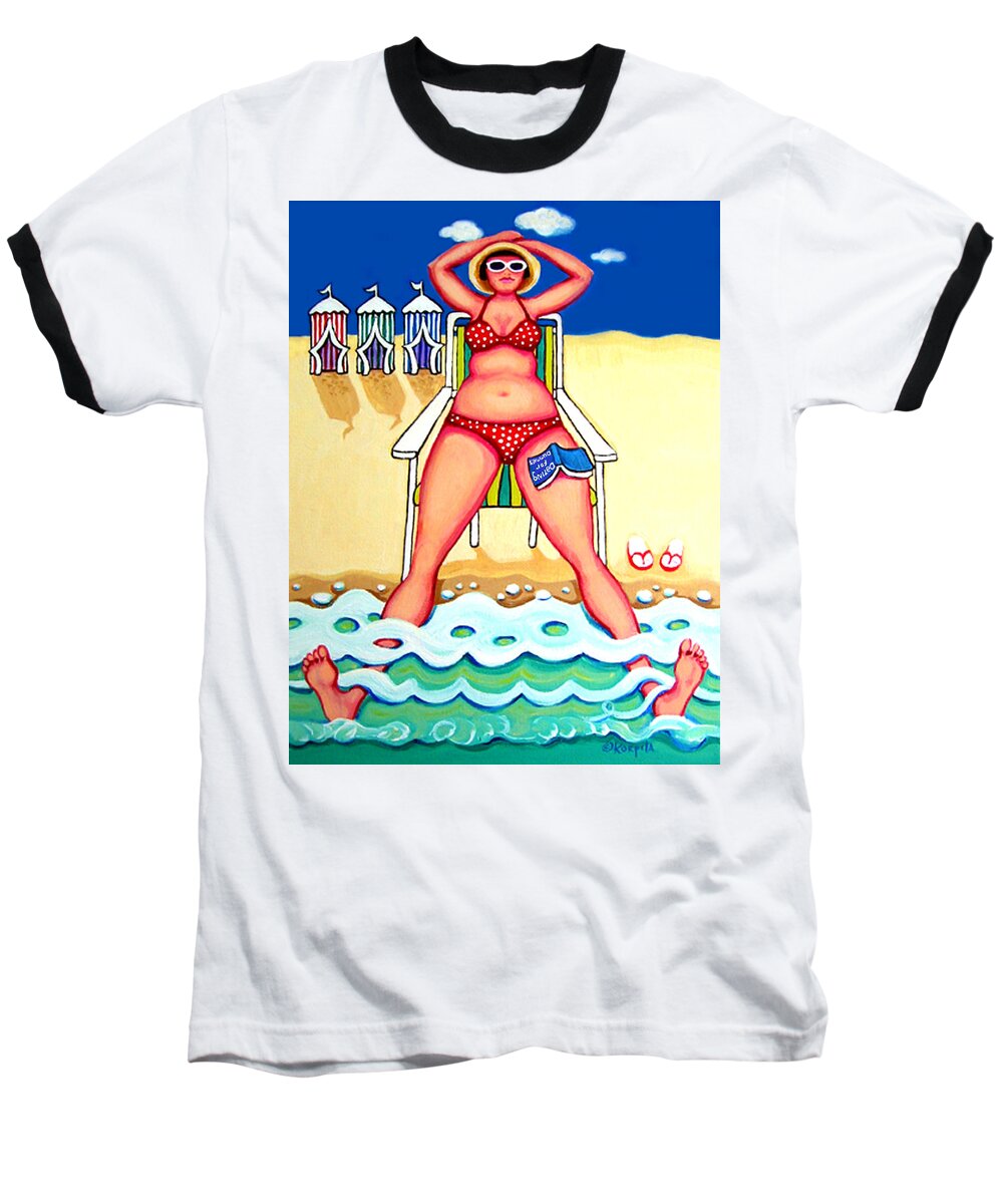 Whimsical Beach Baseball T-Shirt featuring the painting R and D - Woman on Beach by Rebecca Korpita