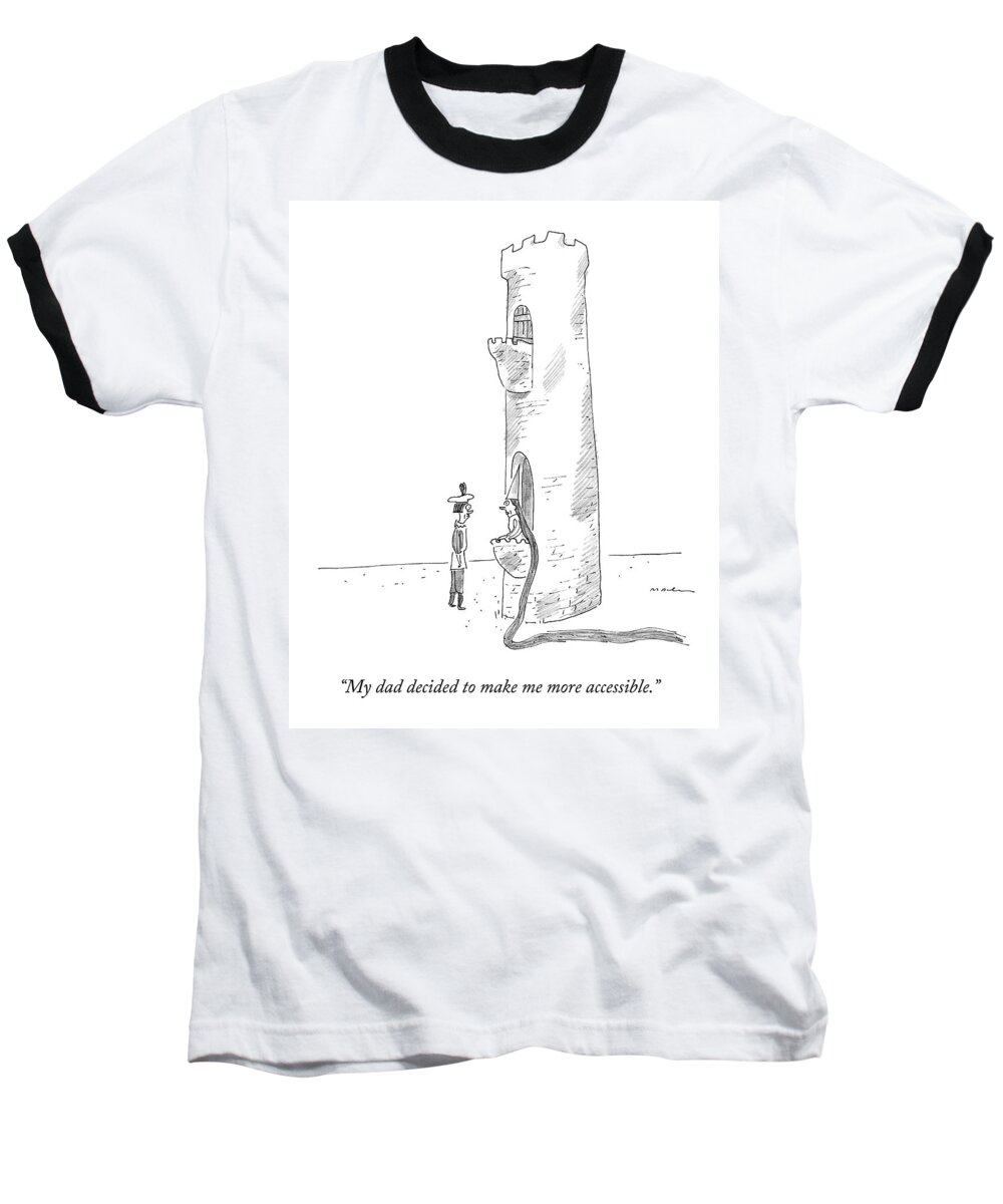 Rapunzel Baseball T-Shirt featuring the drawing Rapunzel Speaks To A Man From The Ground-floor by Michael Maslin