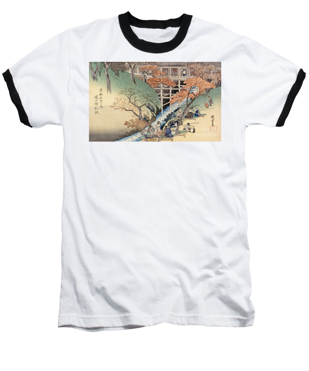 Riverbank Baseball T-Shirt featuring the painting Red Maple Leaves at Tsuten Bridge by Ando Hiroshige