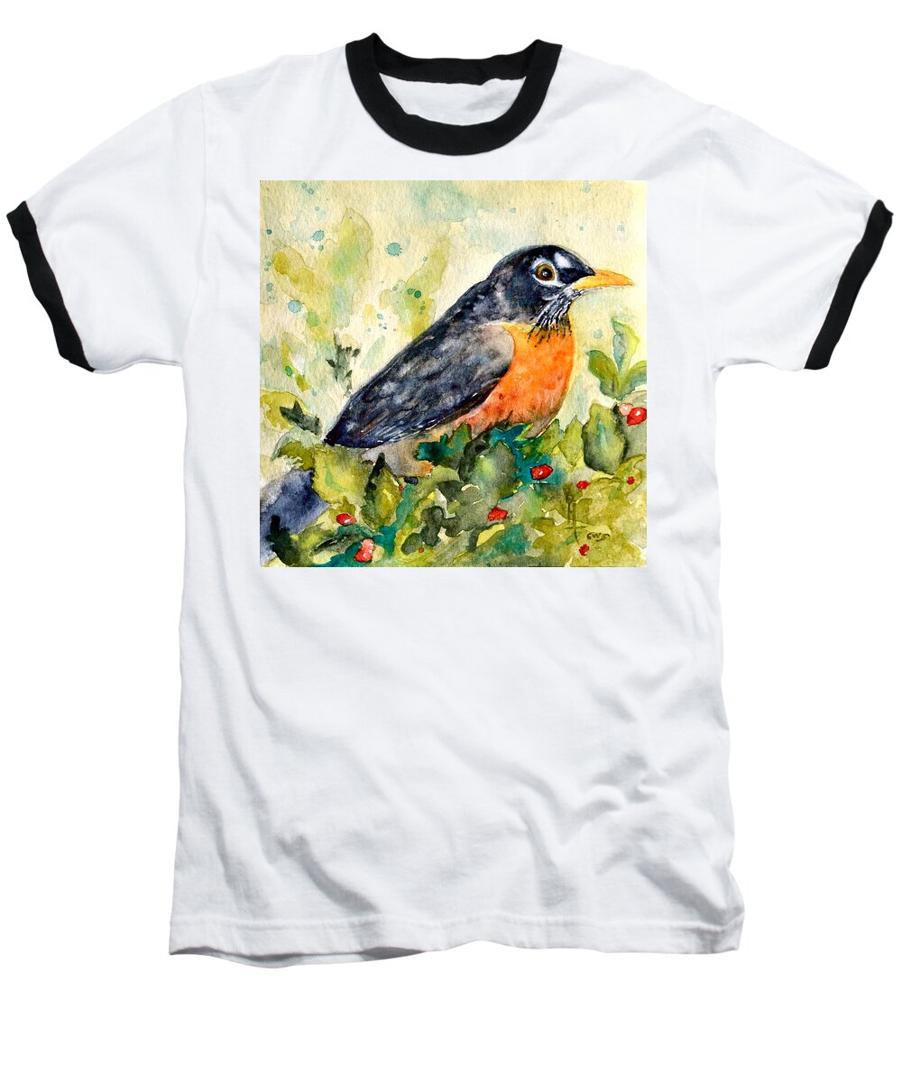 Robin Baseball T-Shirt featuring the painting Robin in the Holly by Beverley Harper Tinsley