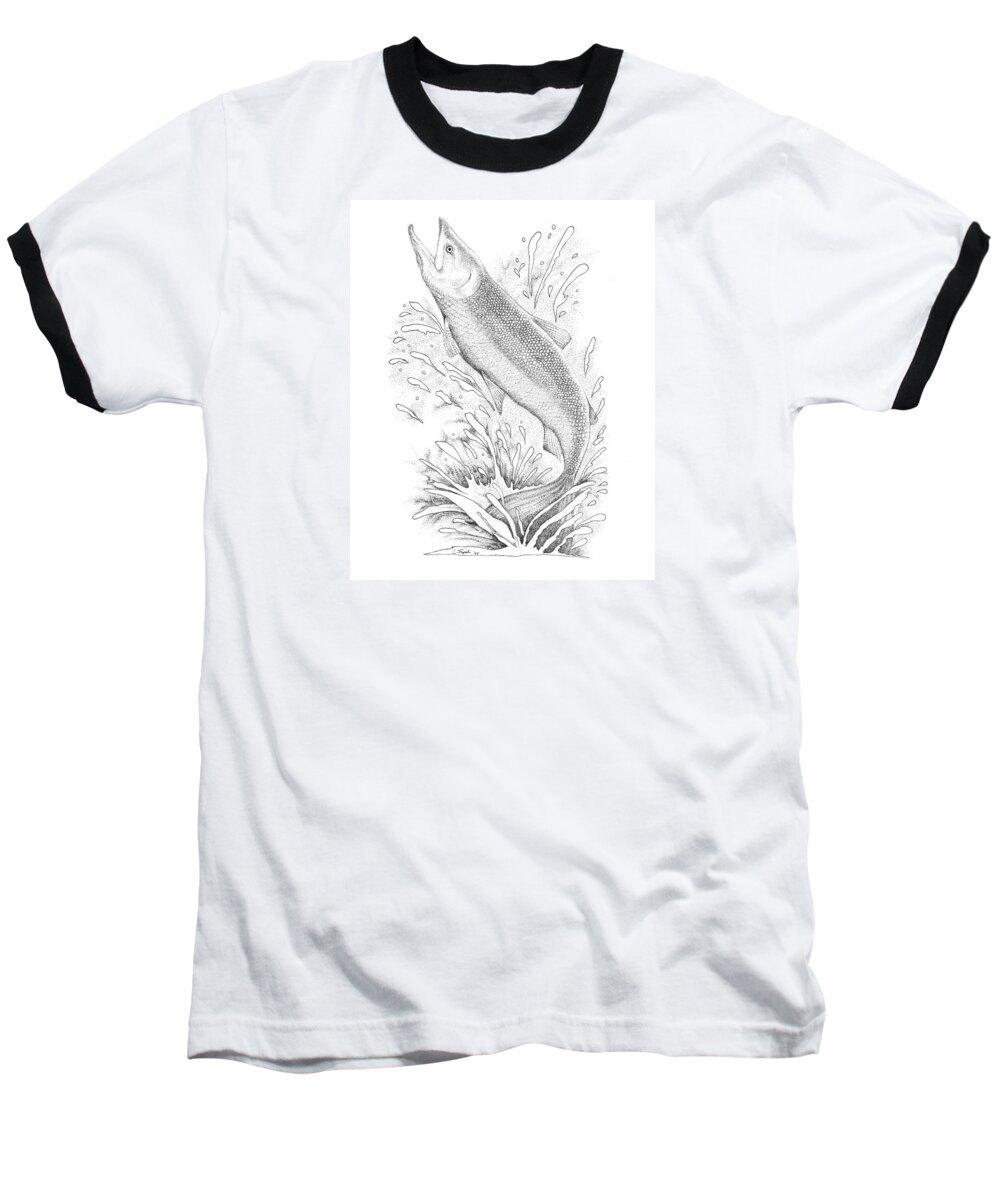 Wildlife Baseball T-Shirt featuring the drawing Salmon by Lawrence Tripoli
