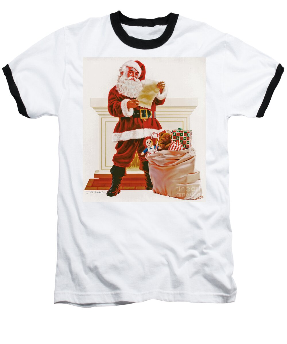 Christmas Baseball T-Shirt featuring the painting Santa's List by Dick Bobnick