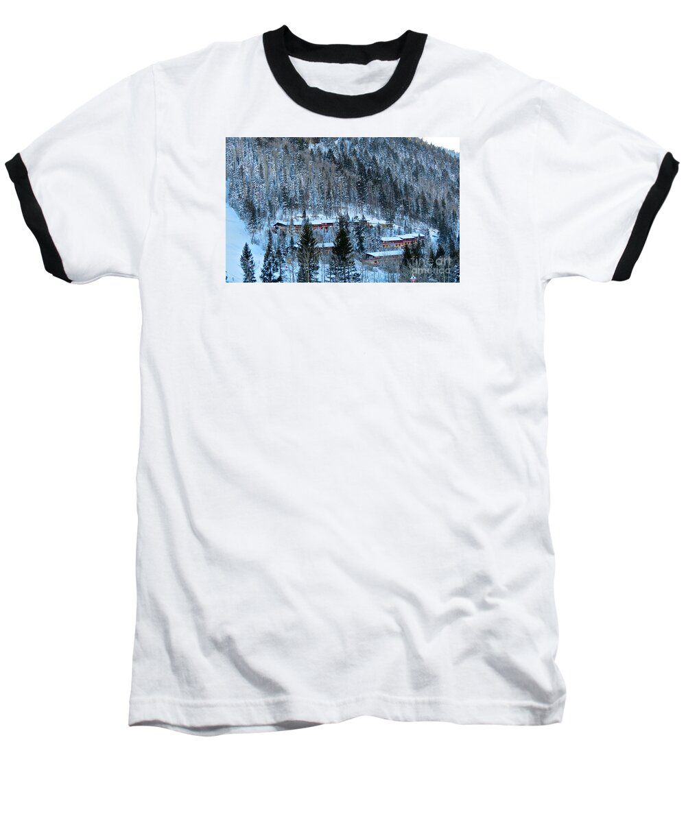 Taos Ski Valley Baseball T-Shirt featuring the photograph Snow cabins by LeLa Becker