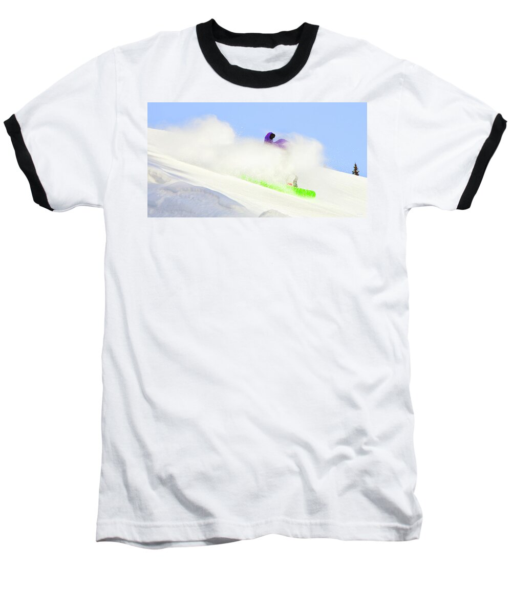Snowboarding Baseball T-Shirt featuring the photograph Snow Spray by Theresa Tahara