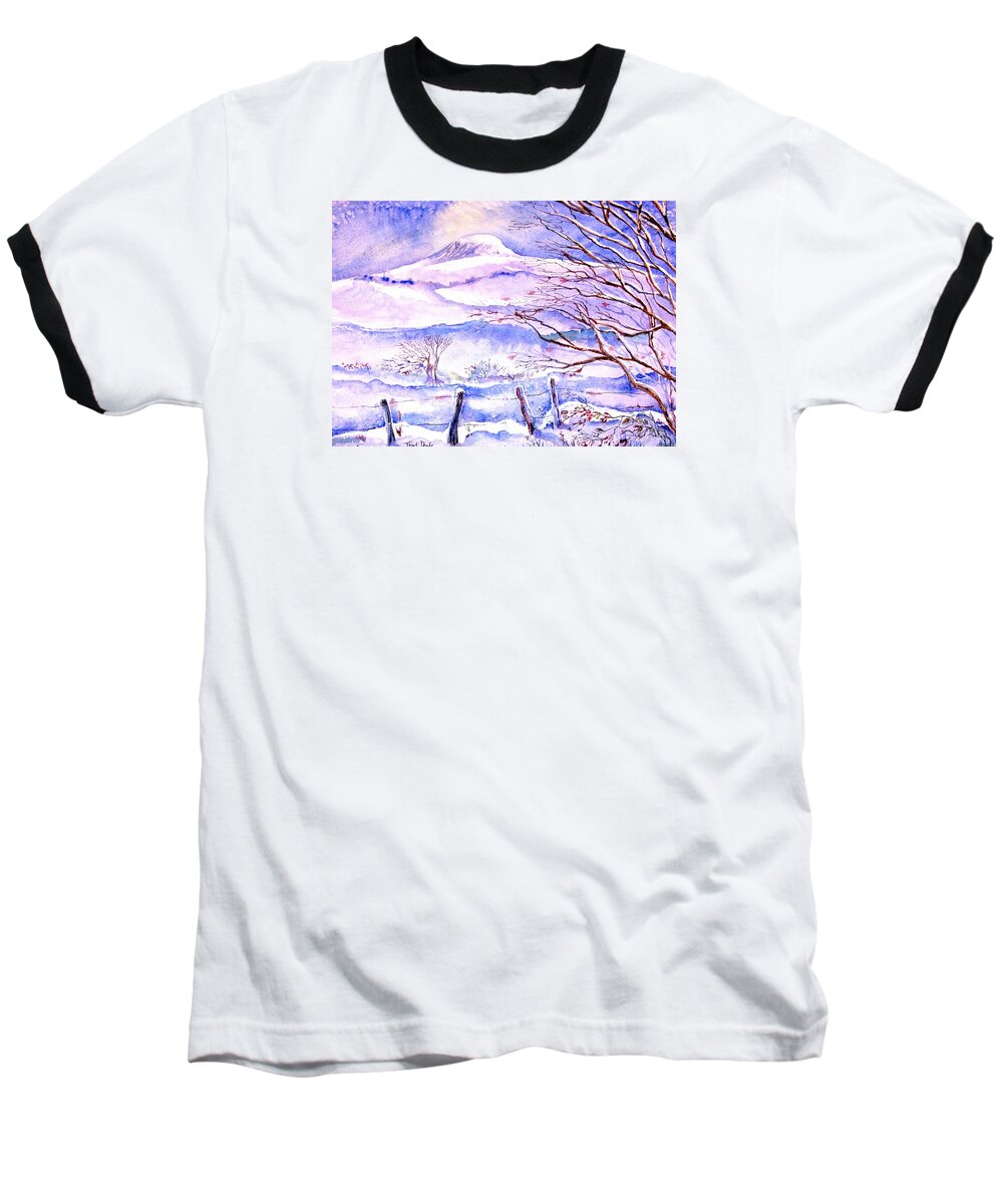  Snowfall Baseball T-Shirt featuring the painting Snowfall on Eagle Hill Hacketstown Ireland by Trudi Doyle