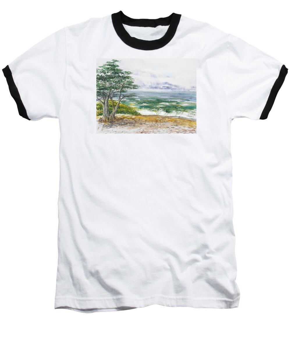 Seascape Baseball T-Shirt featuring the painting Stormy Morning At Carmel By The Sea California by Irina Sztukowski