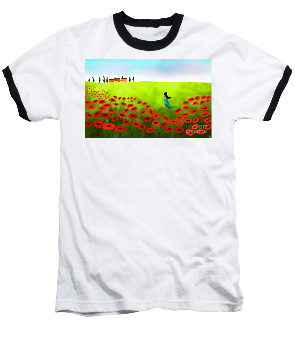 Color Baseball T-Shirt featuring the painting Strolling Among The Red Poppies by Anita Lewis