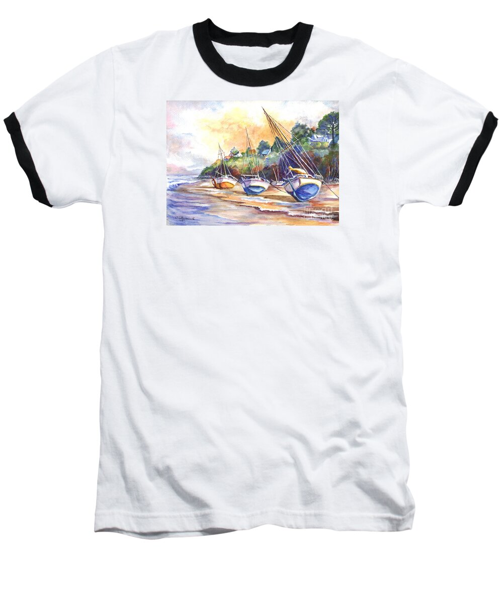 Hand Painted Baseball T-Shirt featuring the painting Sunset Sail on Brittany Beach by Carol Wisniewski