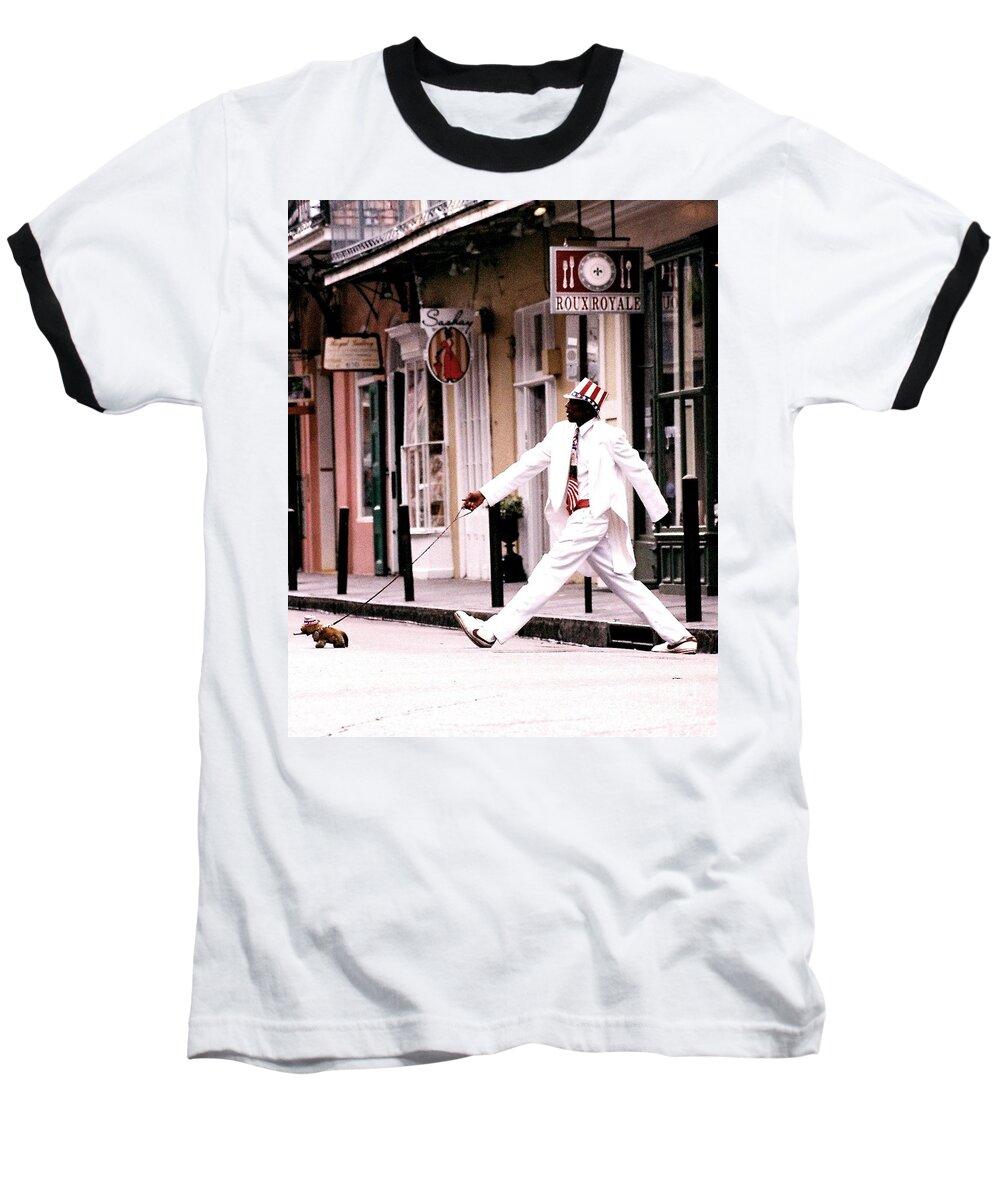 Nola Baseball T-Shirt featuring the photograph New Orleans Suspended Animation Of A Mime by Michael Hoard