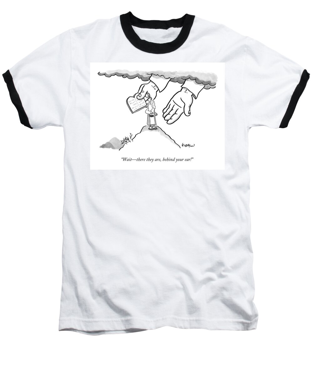 Moses Baseball T-Shirt featuring the drawing The Giant Hands Of God Hold Up The Tablets by Robert Leighton