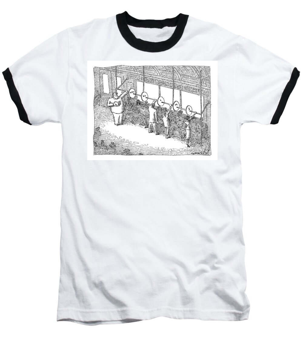 Subway Baseball T-Shirt featuring the drawing The Inside Of A Subway Car Is Organized With Size by John O'Brien