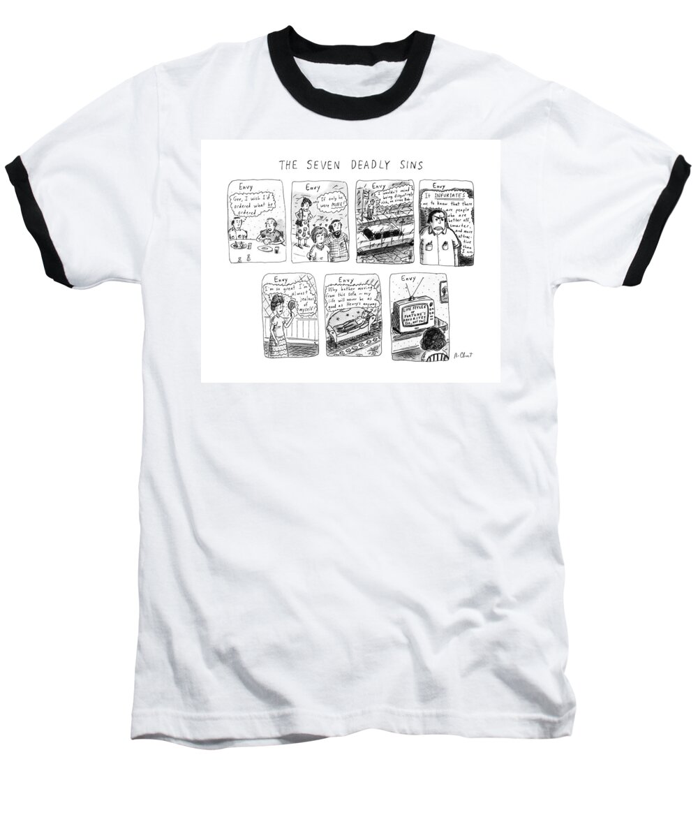 Envy Baseball T-Shirt featuring the drawing The Seven Deadly Sins by Roz Chast