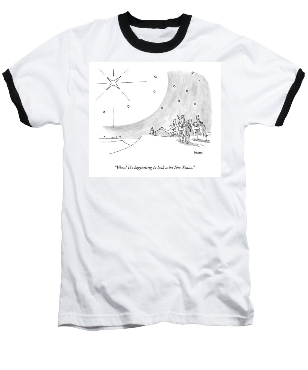 Christmas Baseball T-Shirt featuring the drawing Three Men On Camels Look At The Night Sky. One by Jack Ziegler