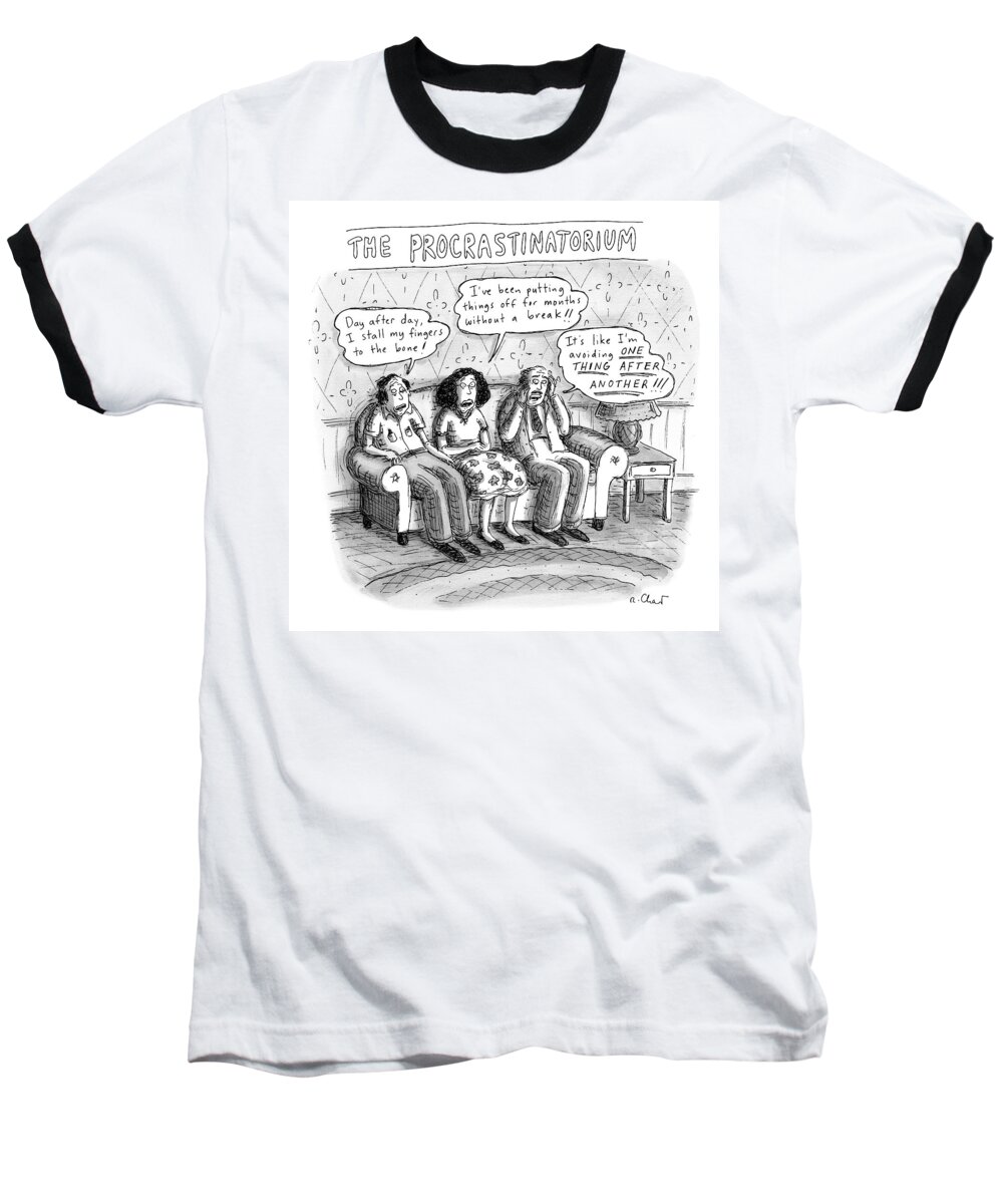Couch Baseball T-Shirt featuring the drawing Three People Sit On A Couch Next To An End Table by Roz Chast