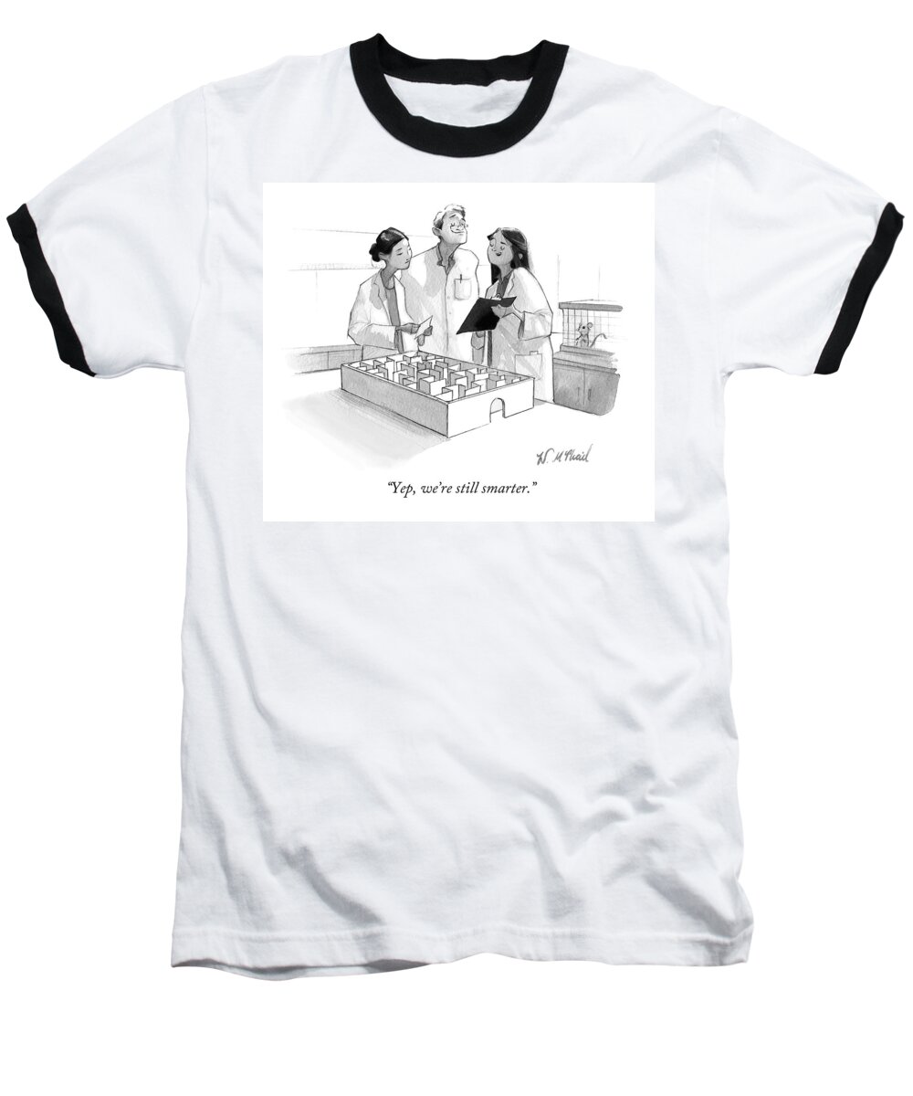 Science Baseball T-Shirt featuring the drawing Three Scientists Examine A Clipboard Above A Maze by Will McPhail