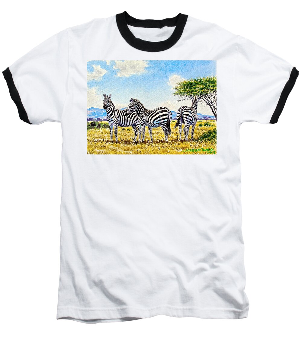 African Paintings Baseball T-Shirt featuring the painting Three Zebras by Joseph Thiongo