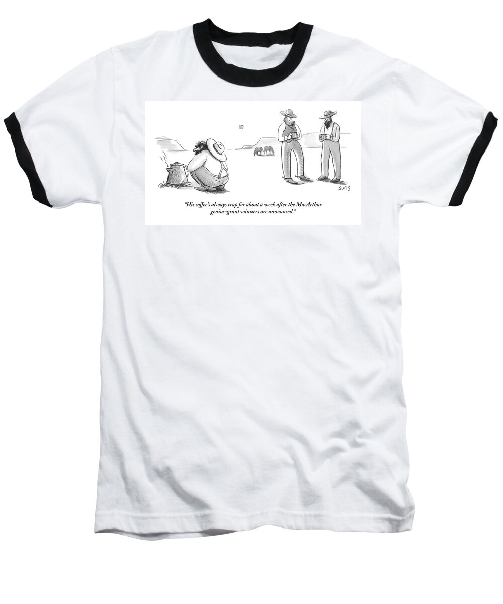 #condenastnewyorkercartoon Baseball T-Shirt featuring the drawing Two Cowboys Look Into Their Coffee by Julia Suits