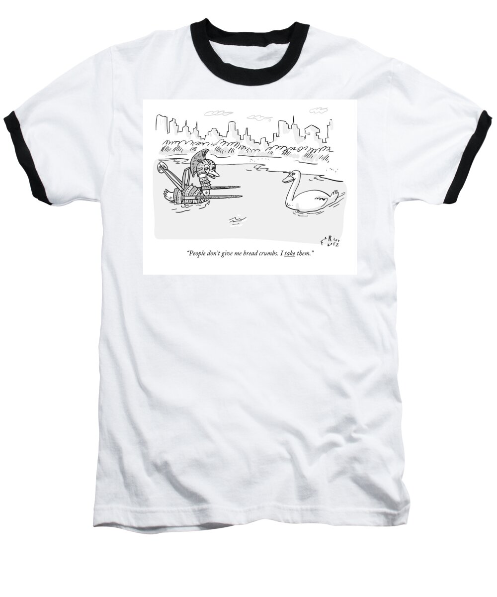 Swan Baseball T-Shirt featuring the drawing Two Ducks In A Pond. One Is Wearing Roman War by Farley Katz